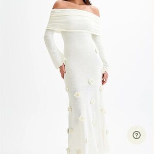 Meshki Kiki Off-Shoulder Cream Dress with Floral Details